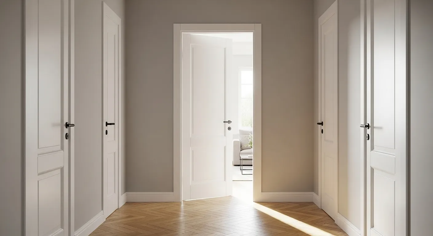 Hallway with white baseboards, white door casings and a herringbone wood floor