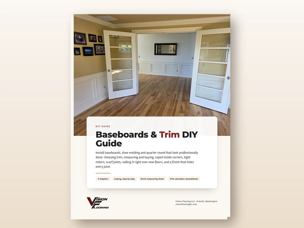 Cover of the Baseboards and Trim DIY Guide, with a room of white trim and a wood floor