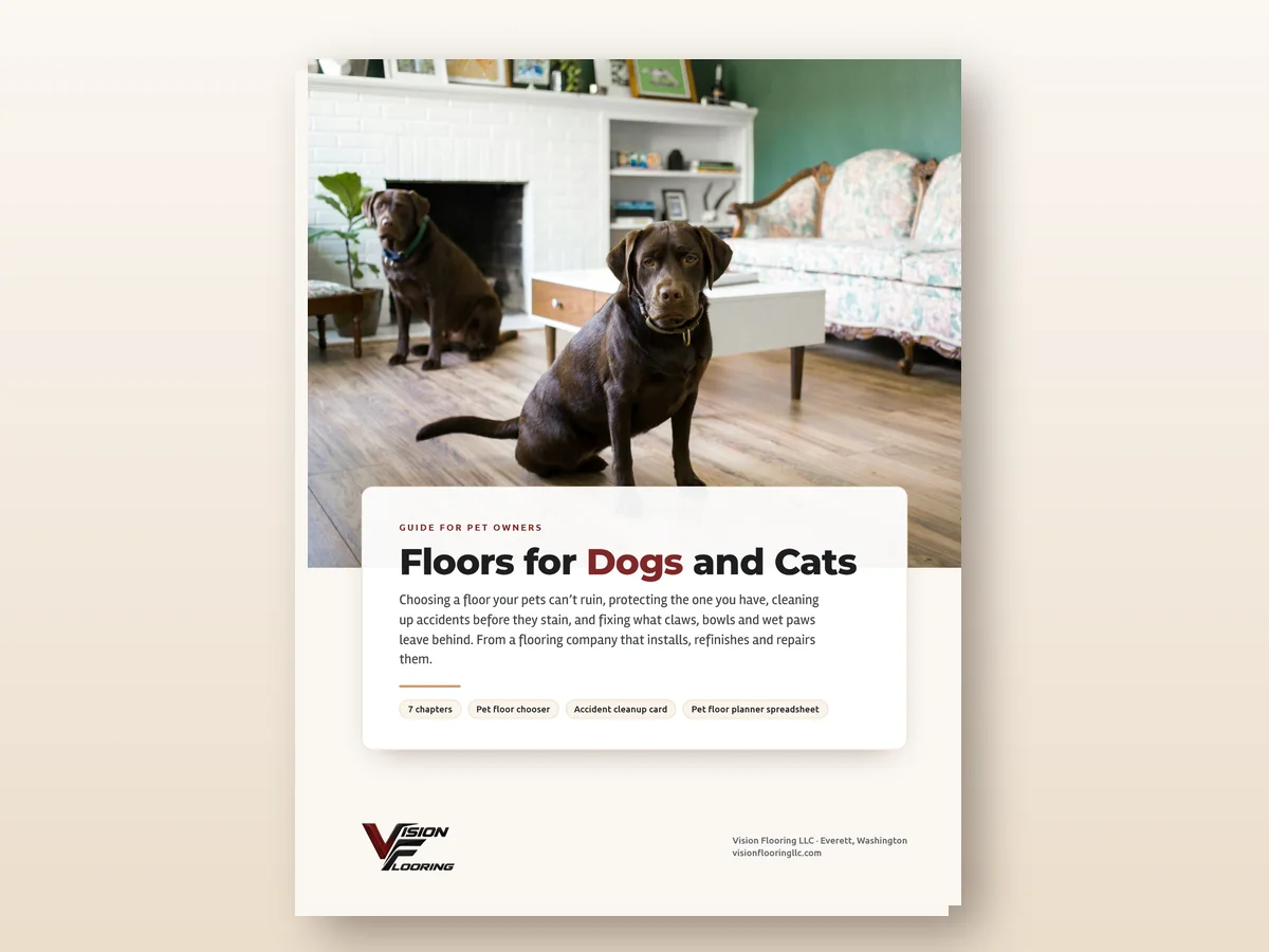 Cover of Floors for Dogs and Cats, with two dogs on a plank floor in a living room