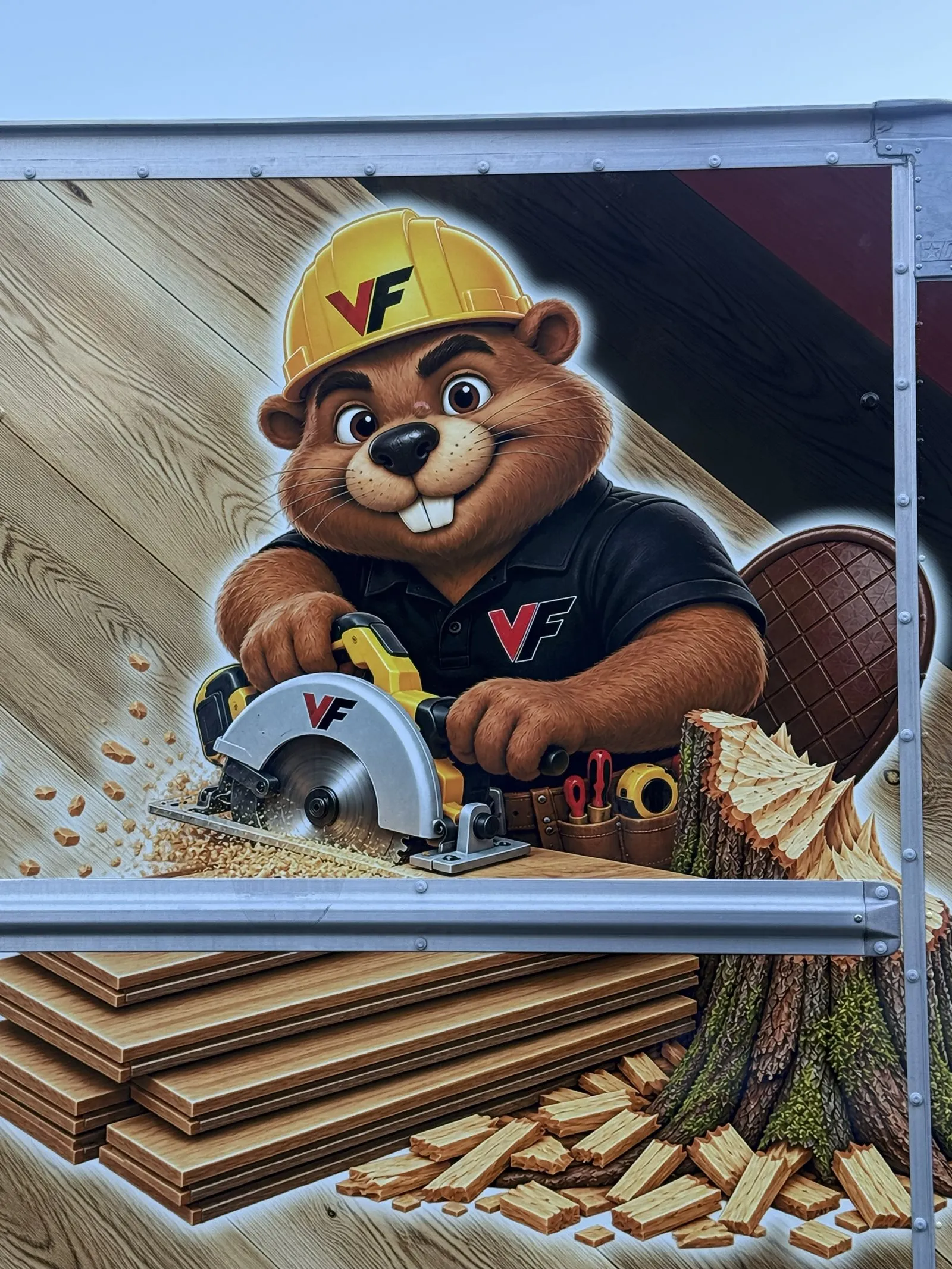 Close-up of the beaver mascot cutting boards with a circular saw on the Vision Flooring truck wrap
